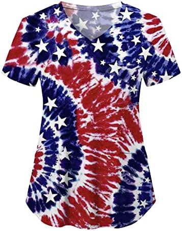 4 јули блуза За Жени Американско Знаме Летни Маици Со Кратки Ракави Против Вратот Со 2 Џебови Блузи Празнична Секојдневна Работна Облека
