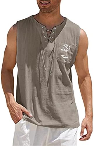 Zddo Mens Cotton Lenen без ракави кошули за влечење на резервоарот за печатење на вратот на вратот, опуштено вклопување на плажа хипи