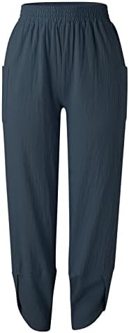 Grge Beuu женски памучни постелнини долги панталони Еластични половини со високи половини, обични панталони капри исечени вреќички