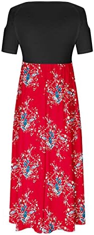 Chrortенски краток ракав цветни макси фустани обични долги фустани со џебови ладно рамо лето печатен фустан