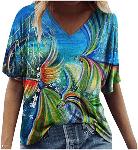 Обична маица за жени за жени низ цела шарена цветни кошули за печатење против врвови со кратки ракави на вратот, лабаво вклопени летни