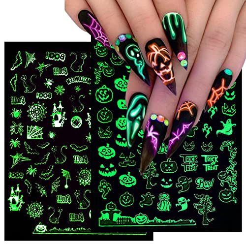 6 листови налепници за уметност за Ноќта на вештерките за нокти Декларации светлечки 3Д само лепило дизајн налепница за нокти Флуоресцентни