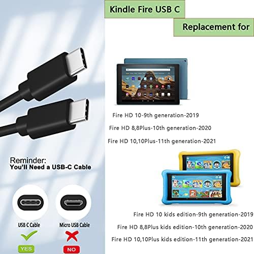 2pack-USB C 3A 6,5ft Брз кабел за полнач за полнење нов оган HD10-11th Генерација 2021 Детско издание, Fire HD10 Plus, Fire HD10-9th