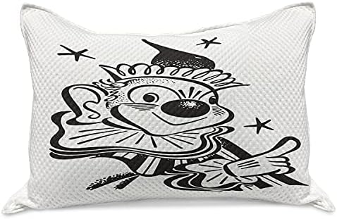 Ambesonne Circus плетен ватенка перница, шема на смешен портрет на кловн, кој покажува монохроматски графички цртеж, стандардна покривка за