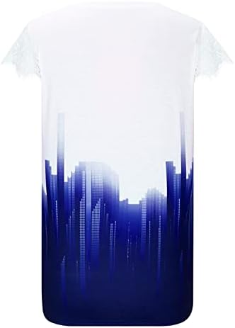Womenените летни врвови на туники, шупливи чипка кратки ракави V вратот маица, вратоврска за печатење графички маички, обични проточни