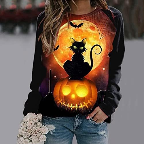Женски кошули за Ноќта на вештерките во боја на долги ракави, џемпери на екипаж, лабава симпатична маица зајдисонце зајдисонце црна мачка графички