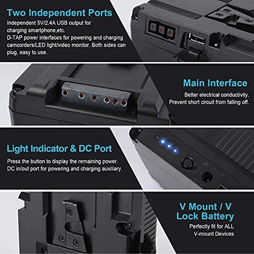 Kunlun 220WH V Mount/V-Lock Battery и D-Tap Полнач пакет компатибилен за видео камера за емитување LED светло