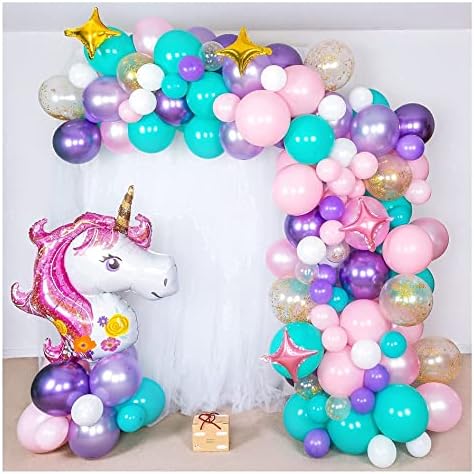 Shimmer and Confetti со 16-метри DIY Premium Pearl Unicorn Balloon Garland со електрична пумпа, џиновска фолија на еднорог, starsвезди, 10 балони