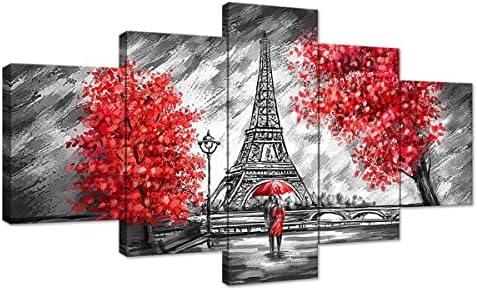 Sunysuby 5pcs/Постави романтични loversубовници Париз меморија патување Елегантно црвено дрво Сена Река Големо врамено платно wallидни