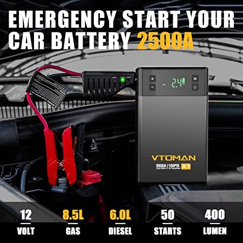 VTOMAN X1 Скок Стартер Со Компресор За Воздух, 2500a Батерија Стартер СО 100psi Дигитални Гуми Надувување, 12v Литиум Скок Кутија