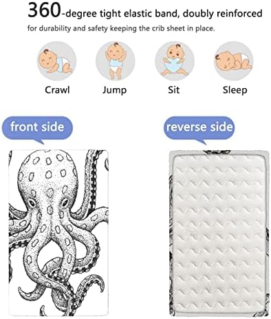 Октопод тематски вграден креветче за креветчиња, стандарден душек за креветчиња, вграден лист меки и дишечки постелнини - лист за бебиња за