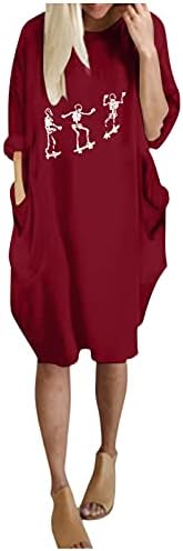 Womenенски лесен лабав туника фустан со долг ракав o врат графички кошула фустани врвови со џебови со џебови