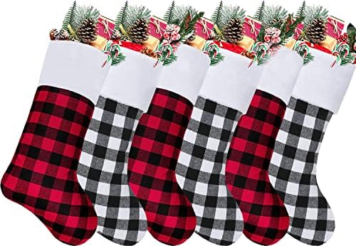 Божиќни чорапи на шеќер, 6 пакувања 18 инчи големи биволи карирани Божиќни чорапи камин виси чорапи за семејни празнични сезони