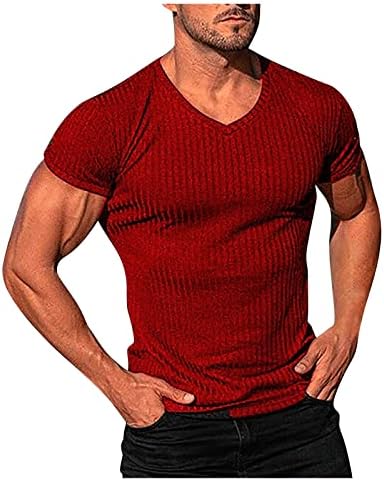 Облека за мажите со мажи во Амцок, обичен тенок вклопна основна модна маица со кратки ракави V-врат летен врв