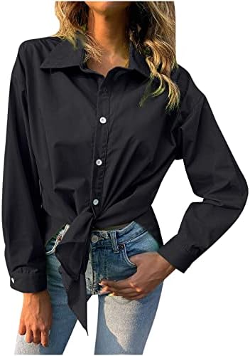 Копчиња надолу кошули за жени, елегантен печатен лапел со една гради долга кошула тенок вклопува маици со долги ракави на врвовите на врвовите