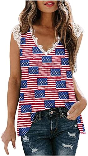 Женски летен резервоар врвови маички за ден на независност Американски знаме Туника чипка V вратот без ракави кошула Обични лабави маички