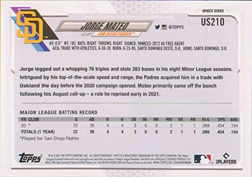 2021 Ажурирање на Топпс US210 Хорхе Матео РЦ Дебитант картичка Сан Диего Падрес Официјална картичка за тргување со бејзбол МЛБ во сурова состојба