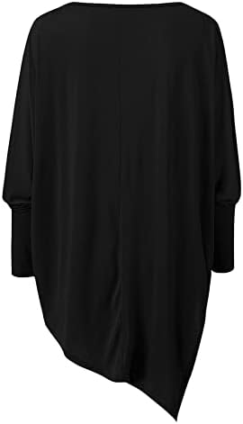 Womenените памучни ленени врвови на врвовите, трендовски плус големина обична блуза висока ниска тркалезна врат Туника манки со долги