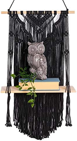 Калтек црна полица Macrame со цветен дизајн | Бохо стил со лебдечка полица од дрво | Прекрасна рачно изработена црна полица Macrame за
