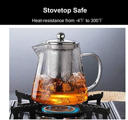 Зифудс стаклен чајник со инфузер од не'рѓосувачки челик и капак, котел за чај од цвеќиња, кој е безбеден, цветање и лабав сад за чај од лисја,