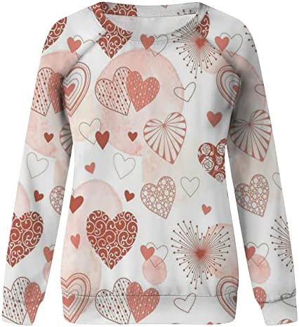 Oplxuo Love Heart Graphic Sweatshirt за жени на Денот на вineубените на Денот на вineубените, врвови со долги ракави, печатени кошули за блузи со екипаж на екипаж