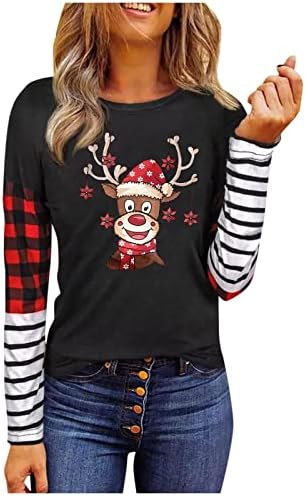 Нокмопо Божиќна кошула врвови на жени модни модни обични Божиќни печати со долги ракави со долги ракави карирани маички основни врвови