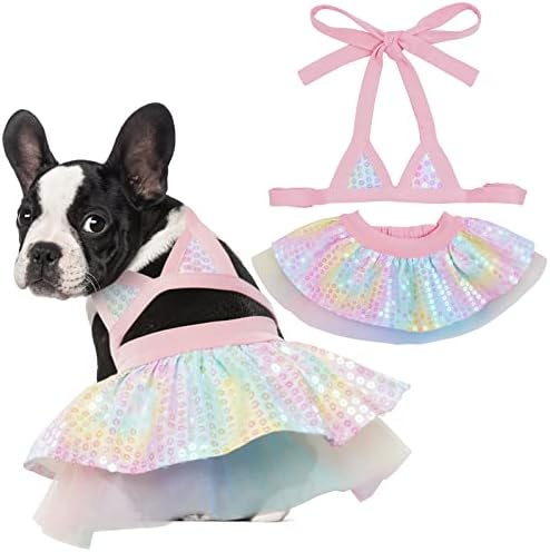Duojoy Dog бикини фустан со Sequins & Chiffon, сирена шарена кутре плажа за капење, мала средна кучиња мачка лето костум за капење, кучиња туту