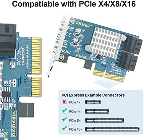 10GTEK PCIE SATA картичка 4 порта со 4 кабли SATA и заграда со низок профил, 6Gbps SATA3.0 Controller PCI Express Expransion Card, X2, Поддршка