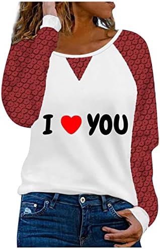 Те сакам срцеви печатени џемпери за жени со долги ракави на врвовите на вратот плус големина мек удобно спојување пуловер