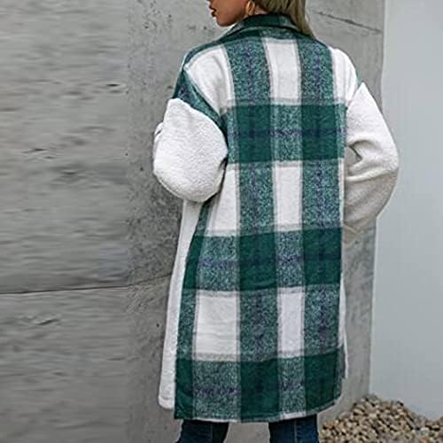 Женски карирани шерпа долга јакна од шетање есен случајна мода лабава џебови со долги ракави копче надолу со кошула јакна палто