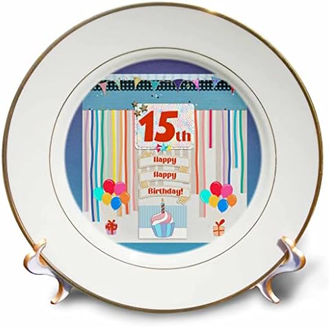 3drose Слика на 15 -ти роденденска ознака, cupcake, свеќа, балони, подароци, стрими - плочи
