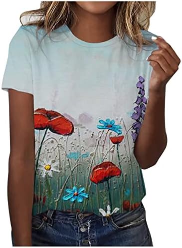 Womenените летни врвови модни обични кратки ракави со тркалезен врат маица цветни печатени врвови од туника