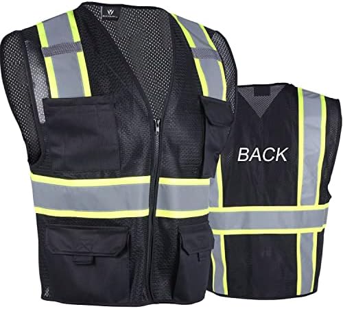 Безбедносен елек за мажи што се рефлектираат со 8 џебови и патент, безбедносна мрежа за висока видливост, работно елек, црна, ANSI/ISEA класа