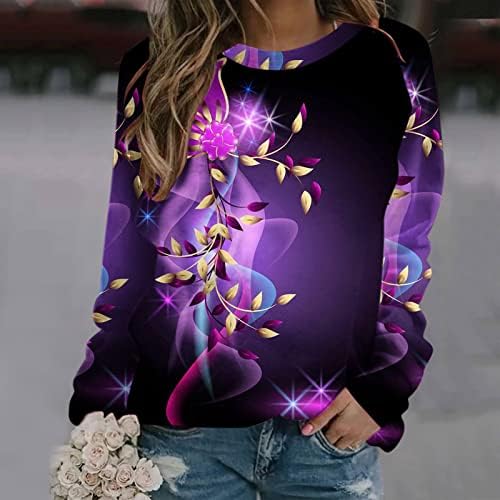 Women'sенски врвови за печатење на пеперутка, џемпер со долги ракави со екипаж, обична лабава лабава вклопена есен мек пуловер манчиња