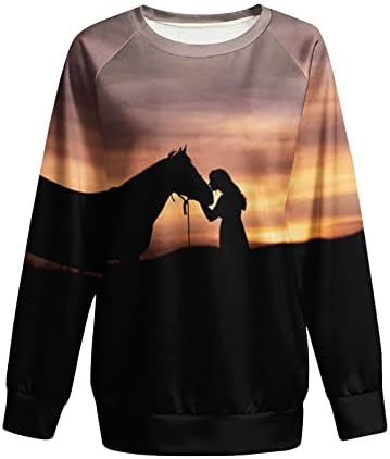 Западни пејзаж џемпери за жени гроздобер кошули од каубојски коњи со долг ракав Раглан ракав пулвер екипаж на вратот на вратите на вратот