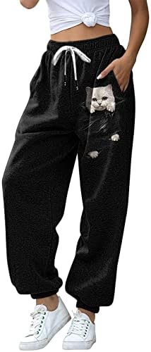 Masbird женски џемпери со џебови, женски слатки печати плус спортски панталони еластични панталони со џогери од половината