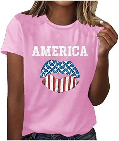 Moirенска маица со тркалезна врата Американско знаме за печатење на усни со модерни опремени 2023 летни маички со кратки ракави графички