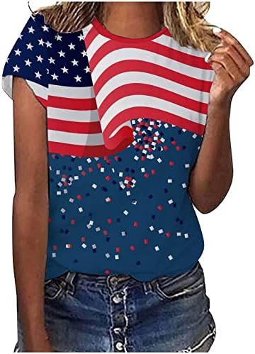 Обичен врв за девојчиња со кратки ракави екипаж на вратот на вратот Денот на знамето Графички лабави вклопени блузи кошули жени N7