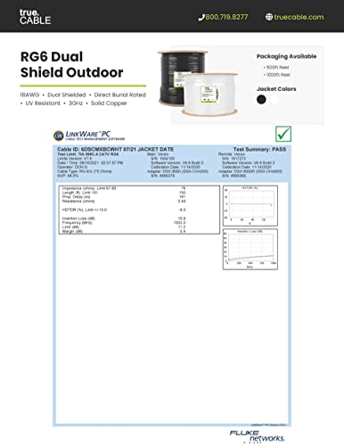 Truecable RG6 Outdoor Dual Shield Coax, 1000ft, бело, директна оценка за погребување, коаксијален кабел за проводник на бакар,