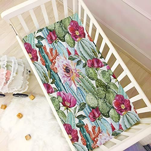 Опремени чаршафи за креветчиња, кактус цвет тропско растение за бебешки креветчиња за девојчиња за момчиња, прицврстено столче за постелнина за креветчиња за крев
