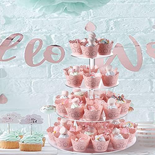 Штанд со кекс, 4 нивоа на акрилик кекс -приказ на држачот, чиста десерт кула кула за свадба, роденден, тематска забава, туш за бебиња