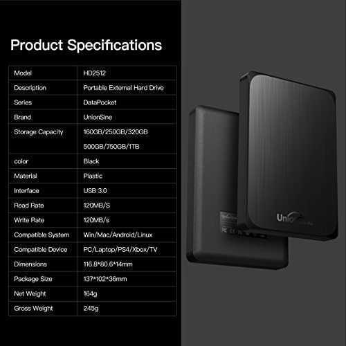 Унионсин 320gb Надворешен Хард Диск USB3. 0 Пренослив HDD Складирање Компатибилен За КОМПЈУТЕР, Mac, Ps4, Xbox, Торба За Складирање На Хард