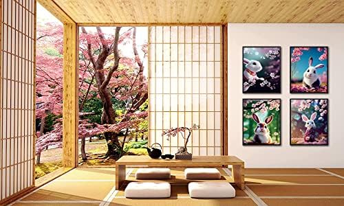 Јапонски уметнички постер сет од 4, јапонски сакура зајаче wallидни отпечатоци, симпатична буни платно wallидна уметност, аниме wallидна
