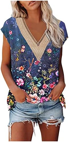 Womenените против вратот врвови капаче за ракави за ракави за чипкање маички цветни печати лето обична маичка за удобна кошула блуза