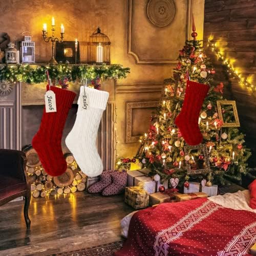 Thrjia плетени Божиќни чорапи 2 пакувања, 18,5 инчи плетени чорапи Божиќни чорапи за семејни забави празници Божиќни украси, бургундски слонова