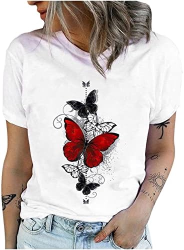 Женска летна маица слатка пеперутка печати графичка лабава маичка екипаж вратот кратки ракави обични врвови срце цветна блуза