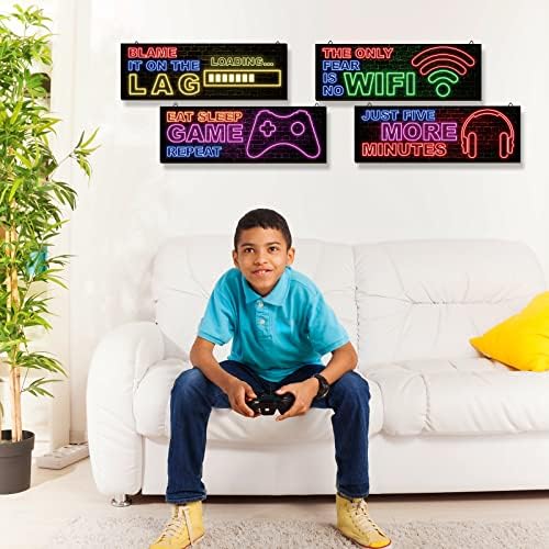 4 компјутери Неонски игри декор за момчиња соба дрвена видео игра wallидна уметност мотивациска понуда гејмер виси плакети