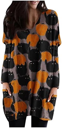 Јуниорс Фестивал Ноќта на вештерките Топ маички со долги ракави блузи со екипаж, тиква мачка графичка тенок туника Туника симпатична