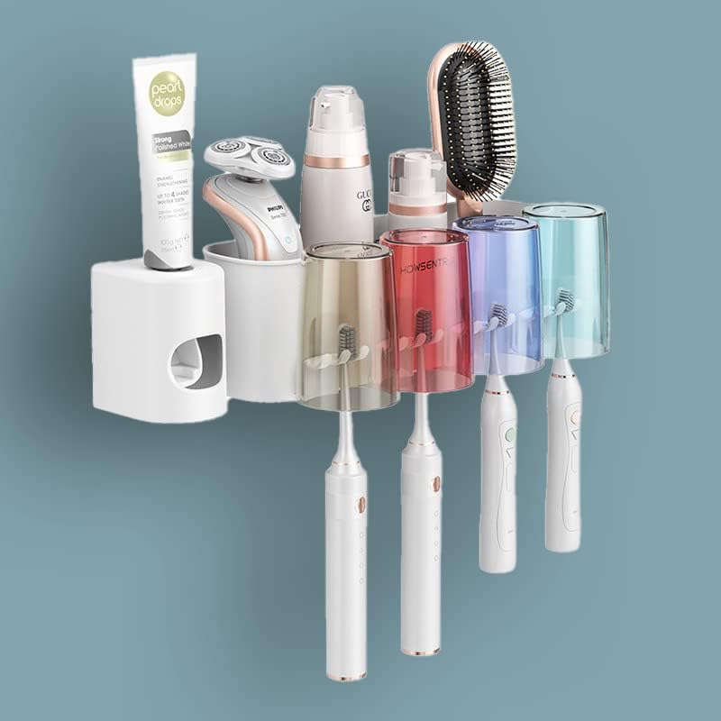 Држач за држачи за четкичка за заби, монтиран, комплет за стискач на паста за заби, држач за четки за заби за бања и суета, вклучени чаши