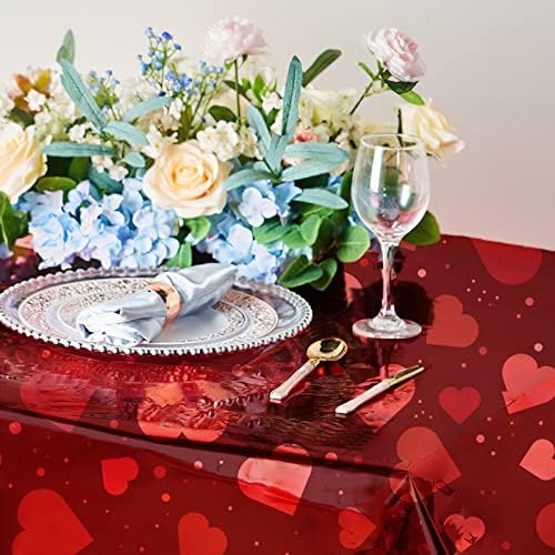 Партиво за в Valentубените табели, 54 x 108 инчи правоаголник црвено срце, чаршав, пластичен чаршав за 6 до 8 нозе маса, покривка на маса, водоотпорен чаршав за Денот на вinesу